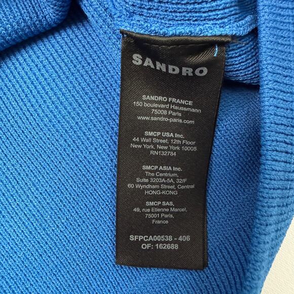 Sandro Knit Paco Cardigan Womens Size 2 Scalloped Collar Gold Snap Blue - Picture 8 of 12
